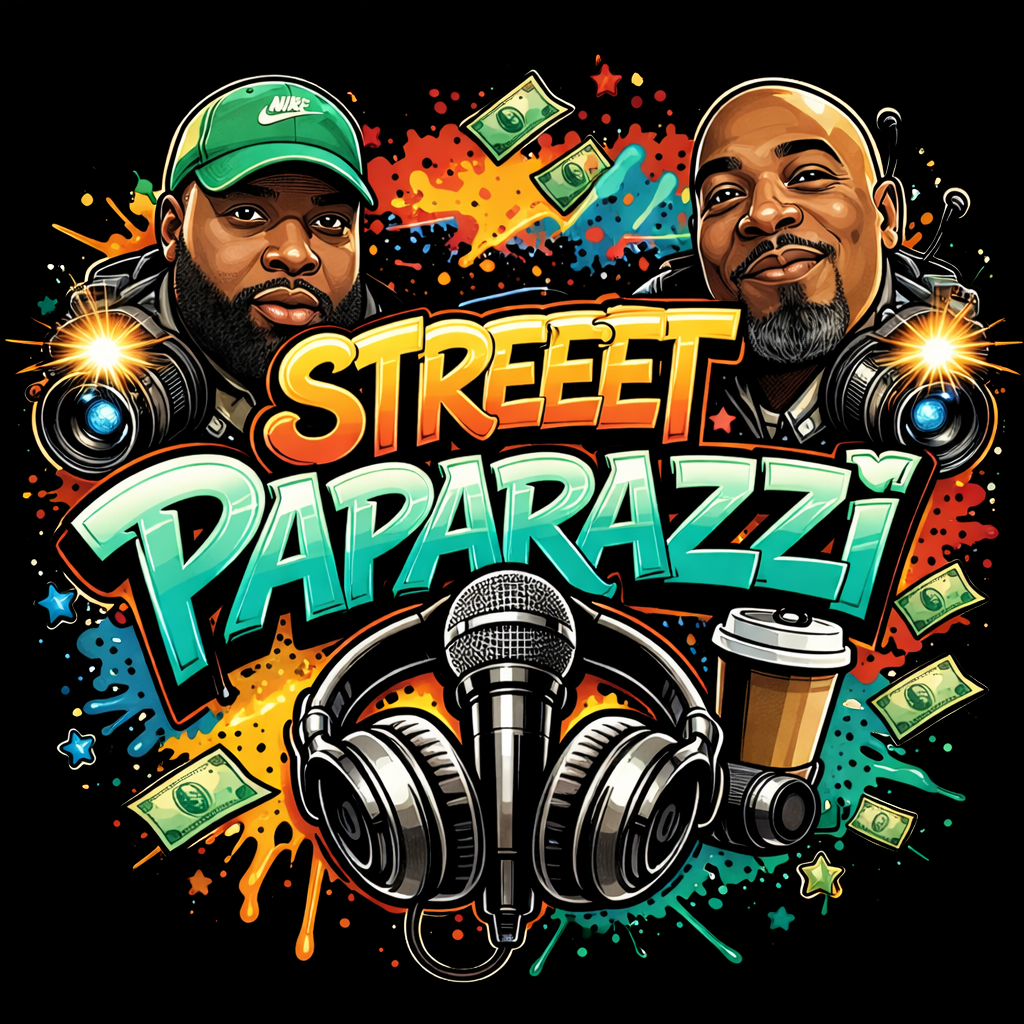 Streeet Paparazzi podcast logo featuring the two hosts, cameras, microphone, and headphones
